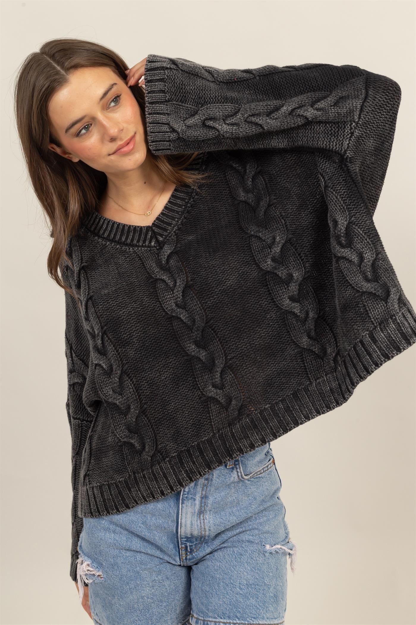 HYFVE Cable Knit V-Neck Dropped Shoulder Oversized Sweater - Charming Charlie