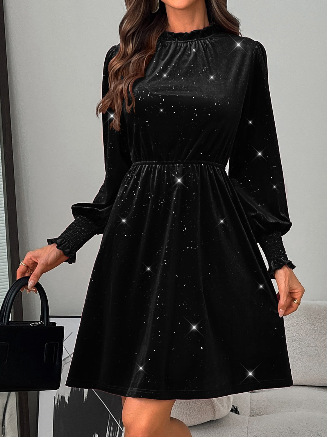 Glitter Mock Neck Long Sleeve Mini Dress - Charming Charlie