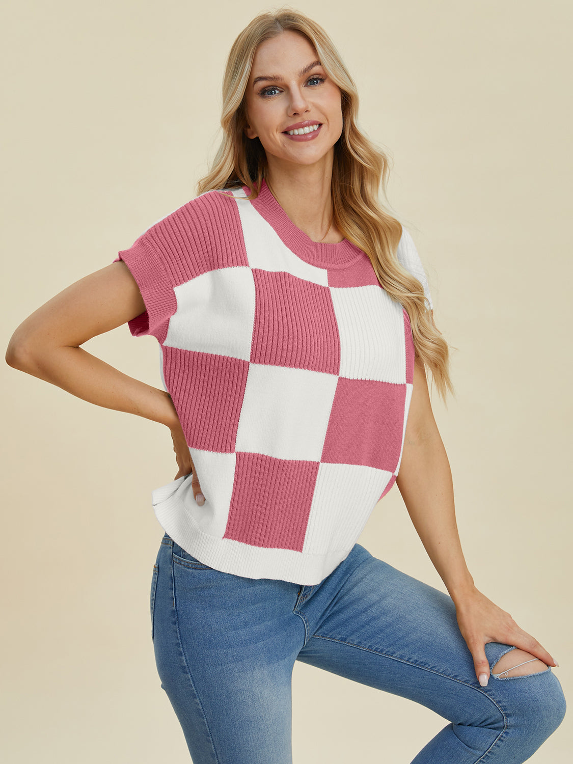 Double Take Full Size Checkered Round Neck Short Sleeve Sweater - Charming Charlie