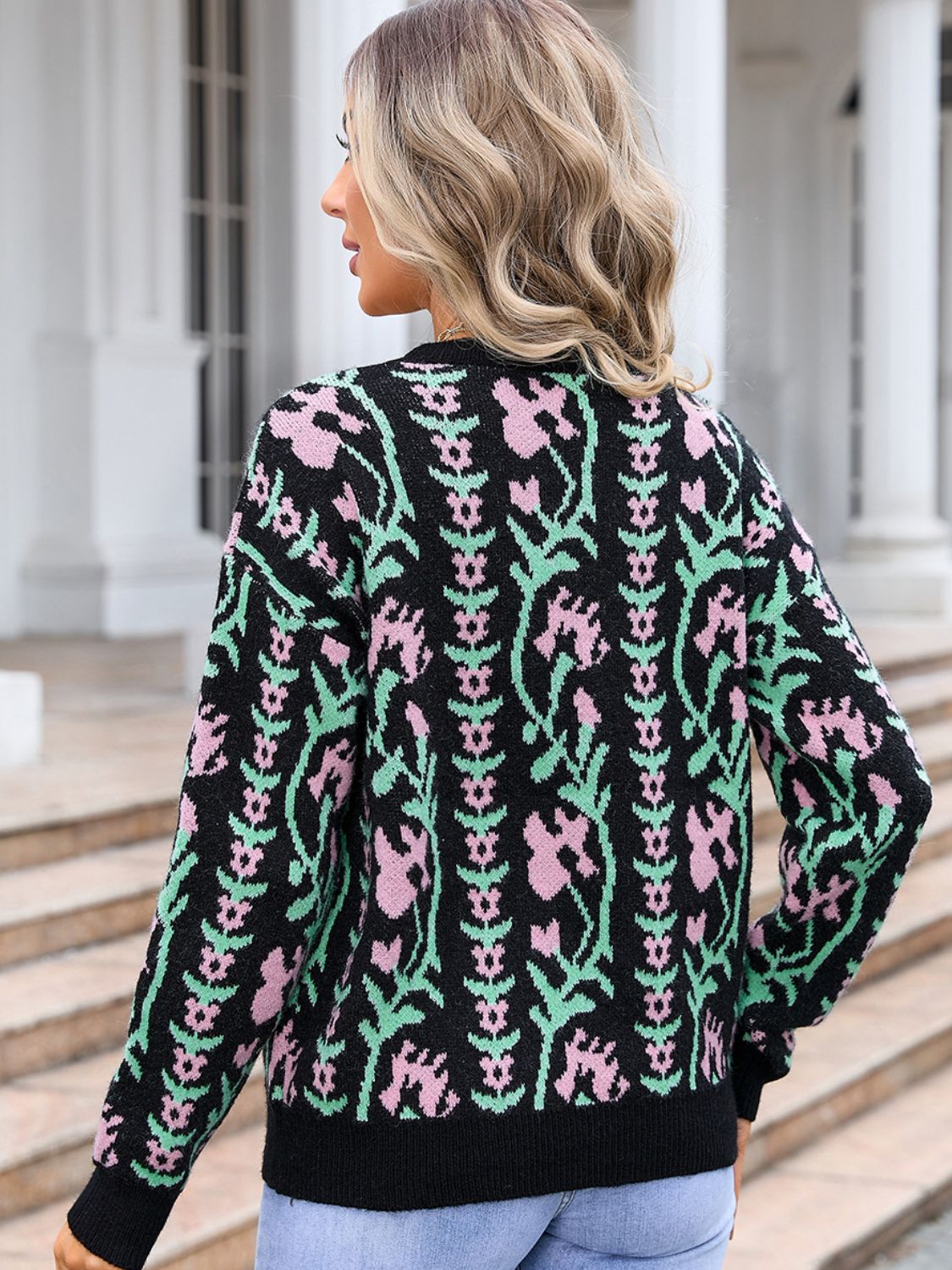 Flower Round Neck Long Sleeve Sweater - Charming Charlie