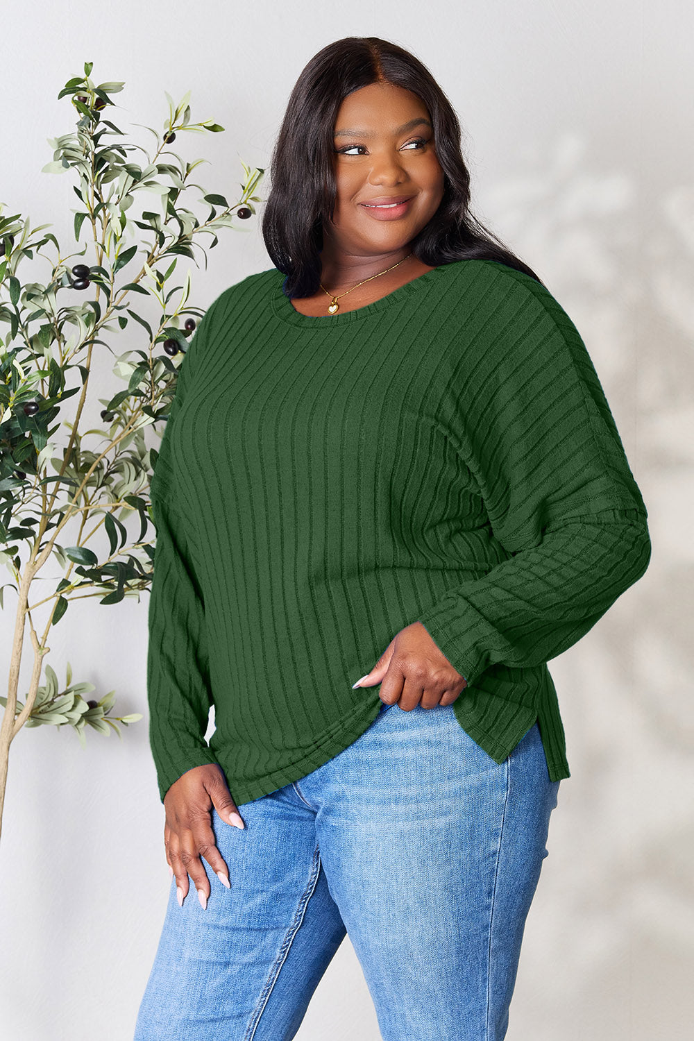 Basic Bae Full Size Ribbed Round Neck Slit Knit Top - Charming Charlie