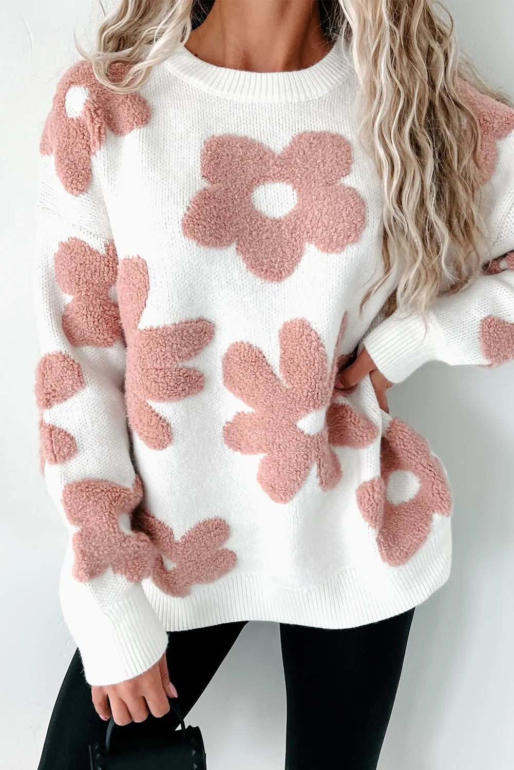 Flower Round Neck Long Sleeve Knit Top - Charming Charlie