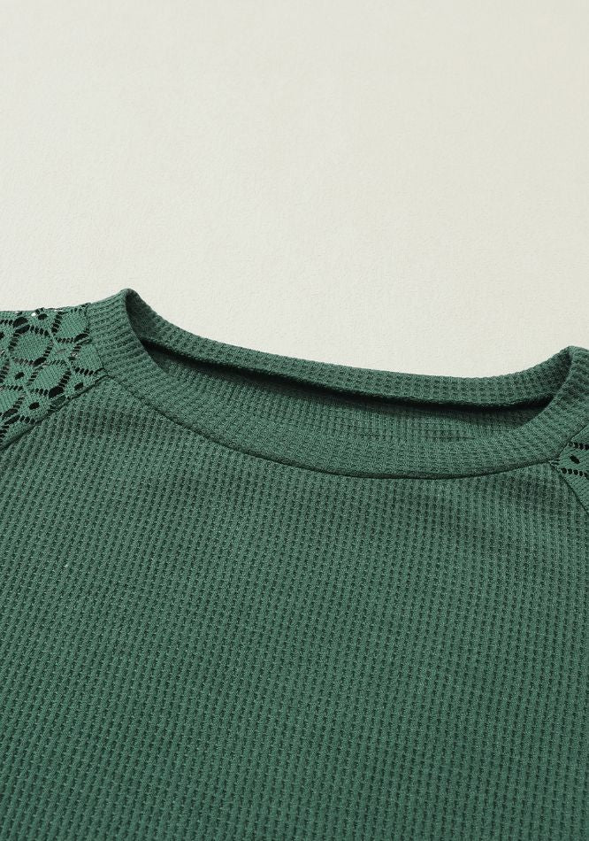 Lace Detail Round Neck Lantern Sleeve Top - Charming Charlie