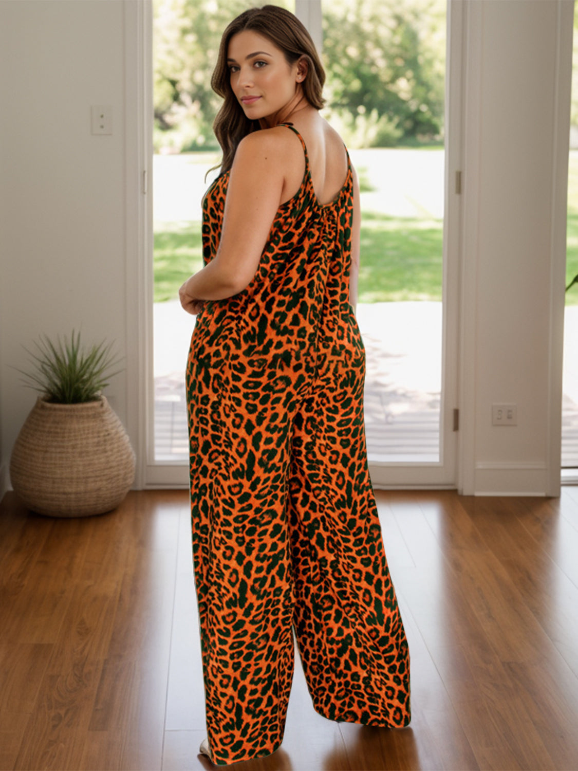 Full Size Leopard Scoop Neck Wide Leg Jumpsuit - Charming Charlie