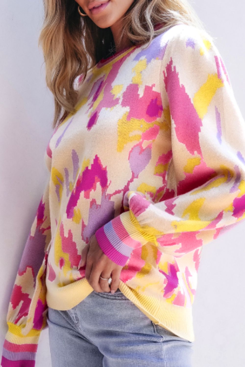 Contrast Round Neck Long Sleeve Sweater - Charming Charlie