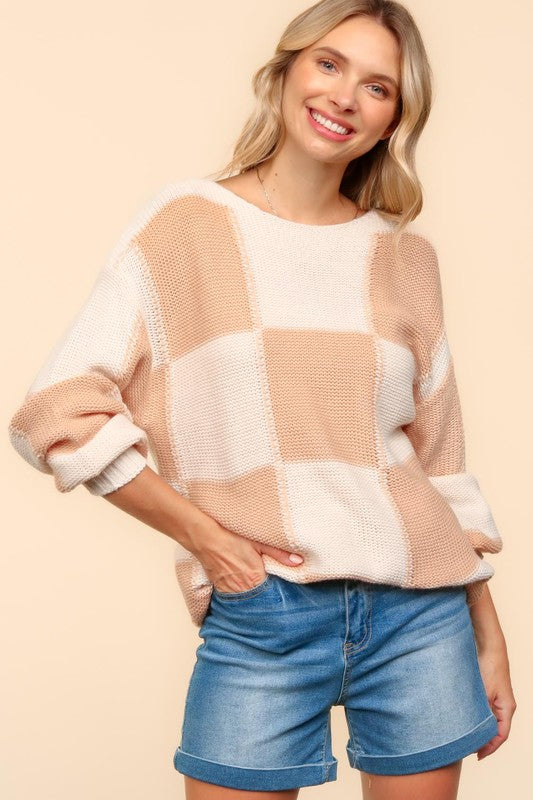 Haptics Full Size Checkered Round Neck Drop Shoulder Sweater - Charming Charlie
