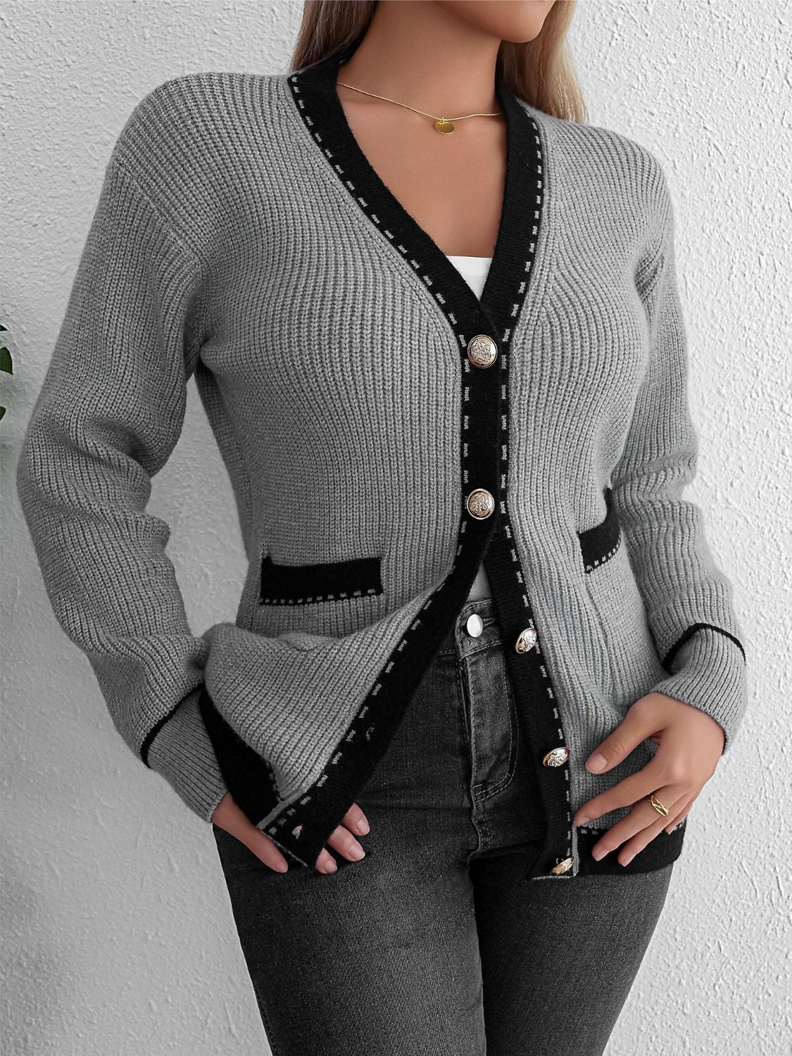 Contrast Trim Button Up Long Sleeve Cardigan - Charming Charlie