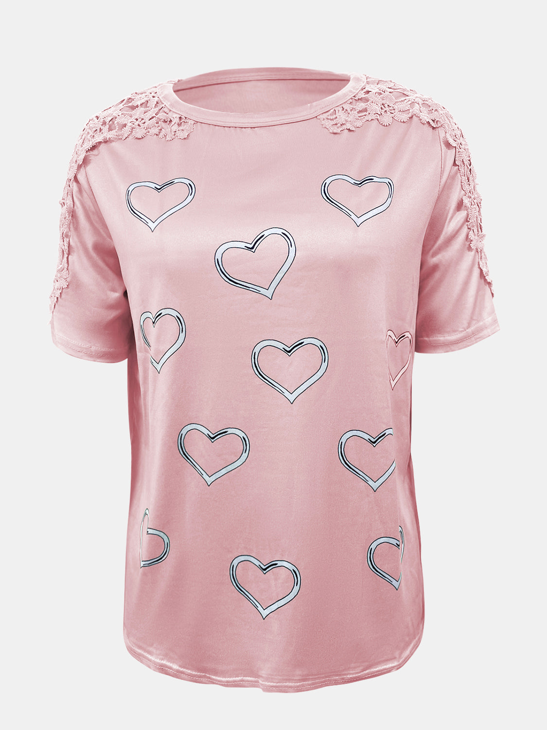 Full Size Lace Detail Heart Round Neck Short Sleeve Top - Charming Charlie