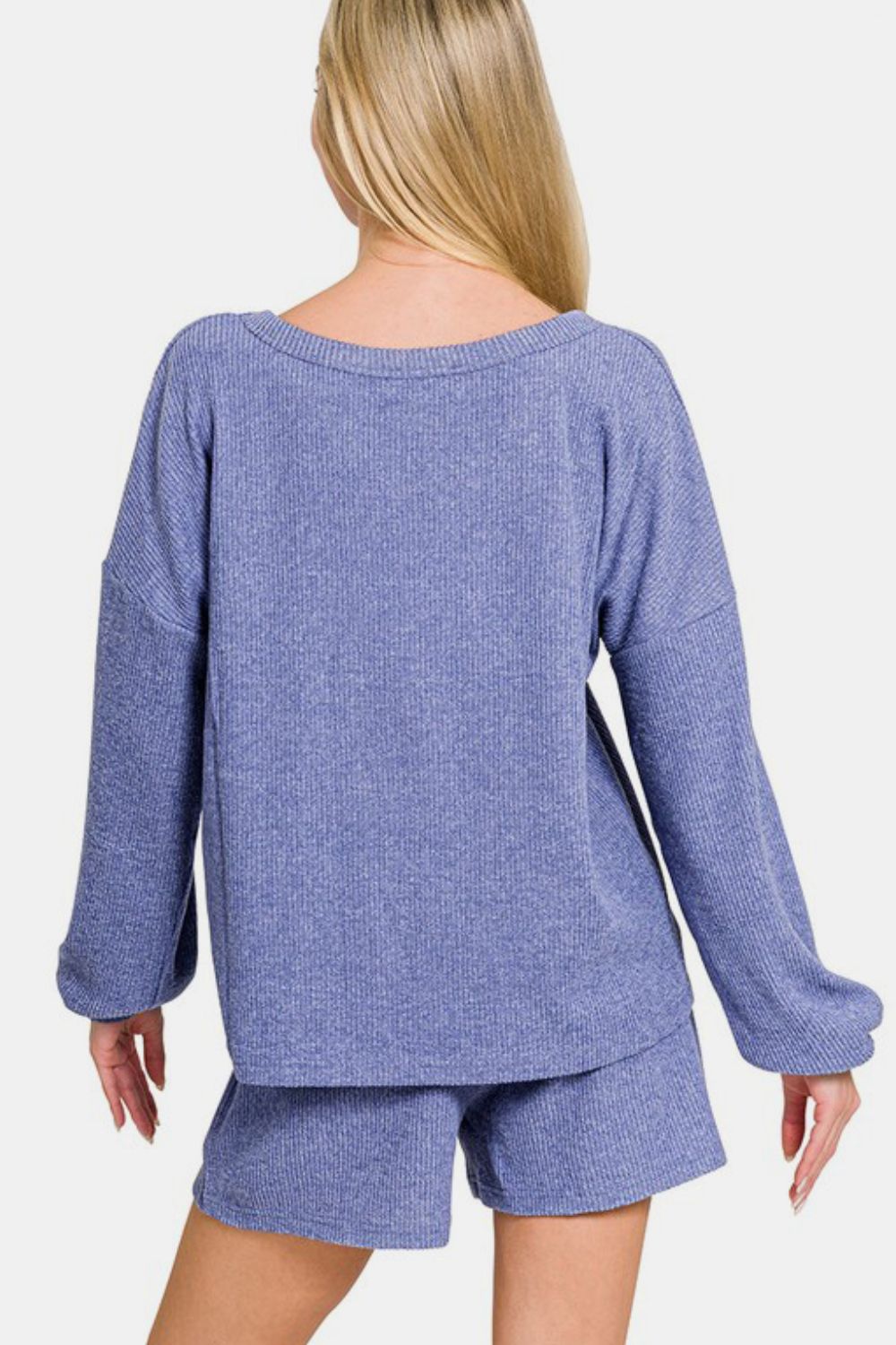 Zenana V-Neck Long Sleeve Ribbed Top and Shorts Set - Charming Charlie