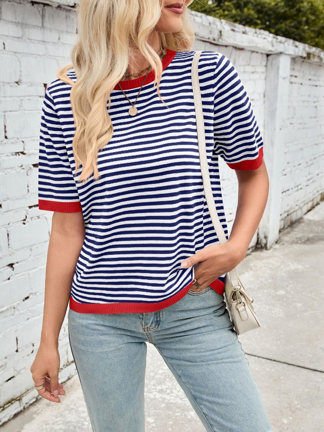 Lovelet Striped Contrast Round Neck Half Sleeve Knit Top - Charming Charlie
