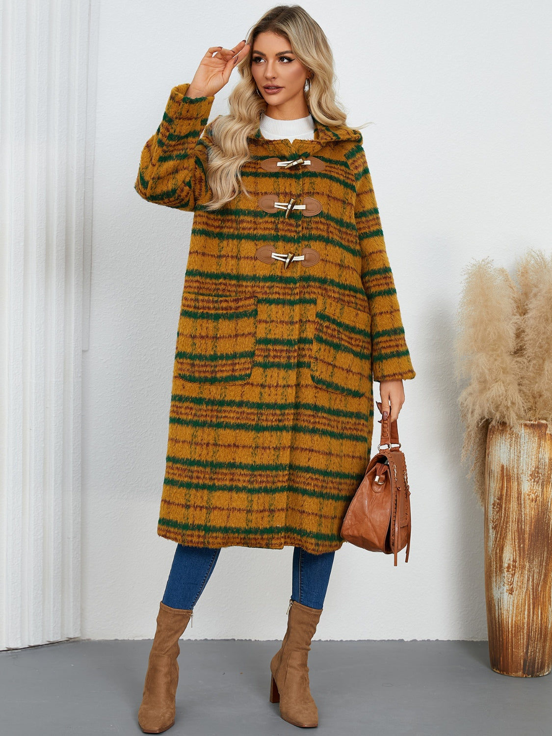 Plaid Long Sleeve Hooded Coat with Pockets - Charming Charlie