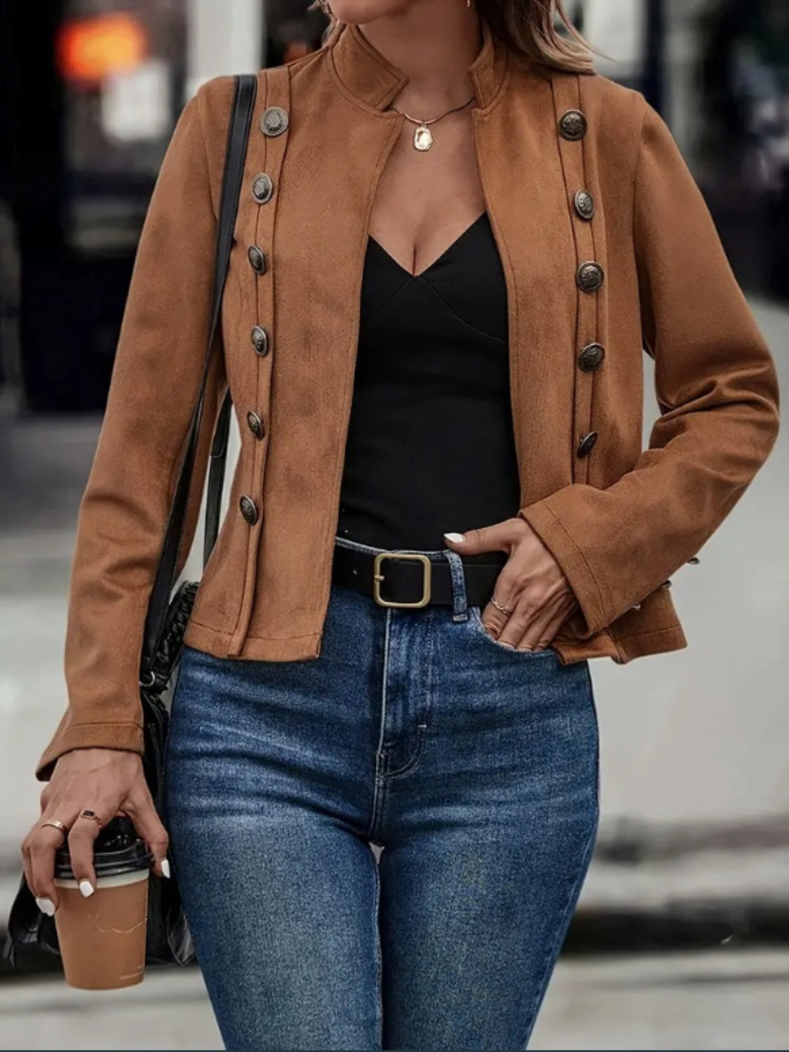 Decorative Button Open Front Long Sleeve Jacket - Charming Charlie