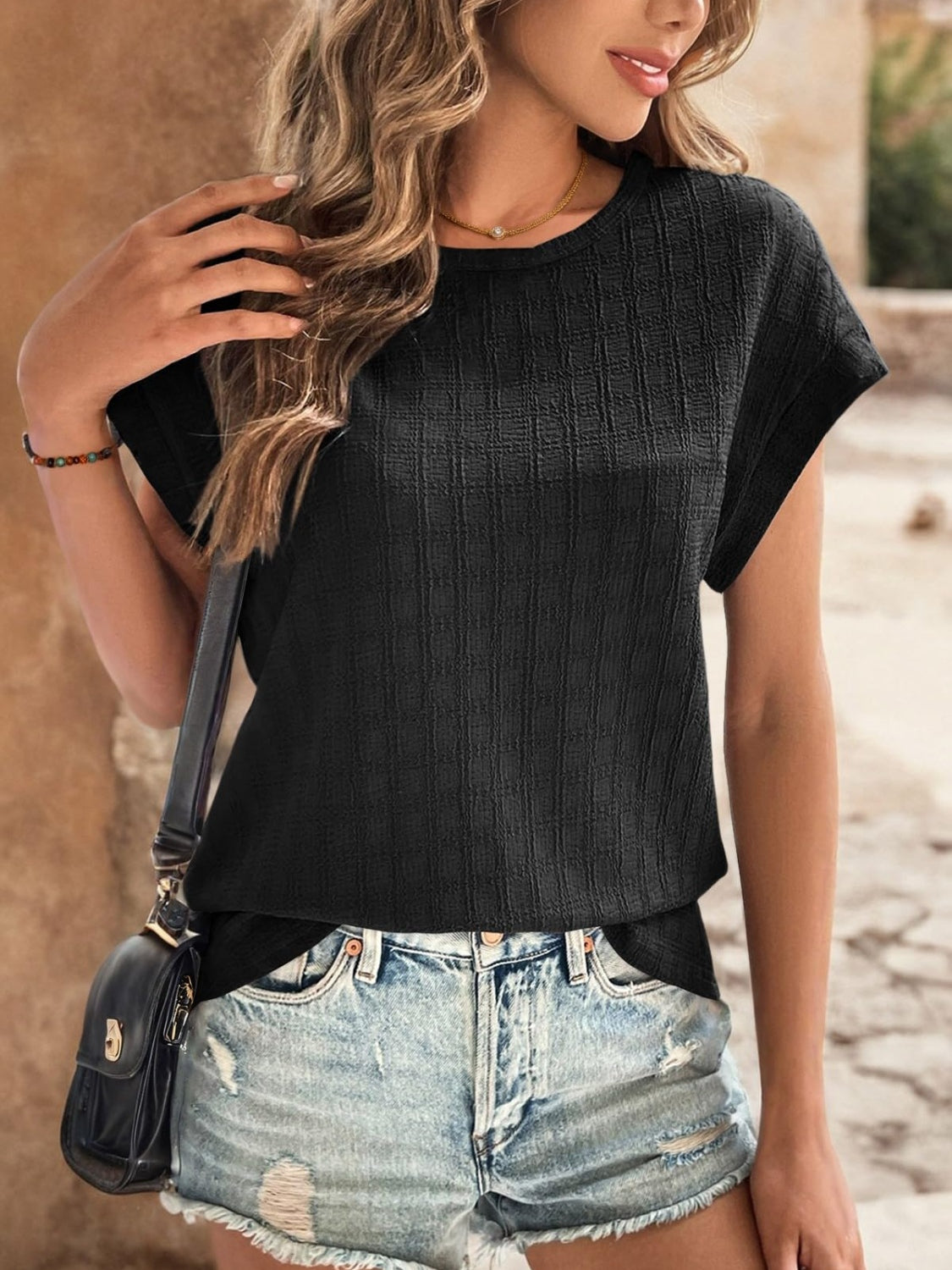 Textured Round Neck Short Sleeve Top - Charming Charlie