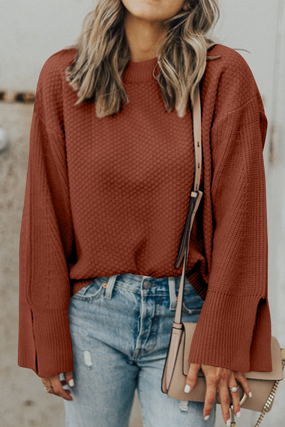 Textured Round Neck Long Sleeve Sweater - Charming Charlie
