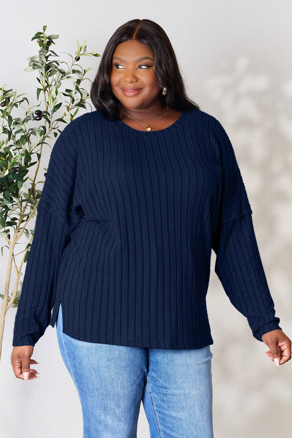 Basic Bae Full Size Ribbed Round Neck Slit Knit Top - Charming Charlie