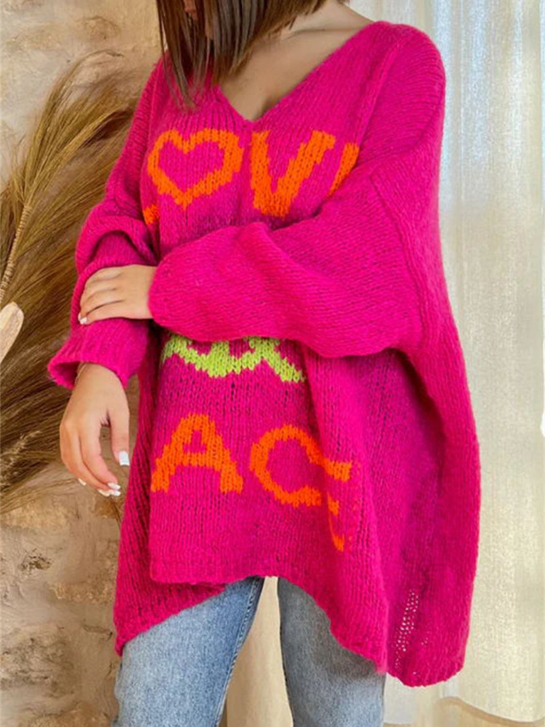 Peace Graphic V-Neck Long Sleeve Sweater - Charming Charlie