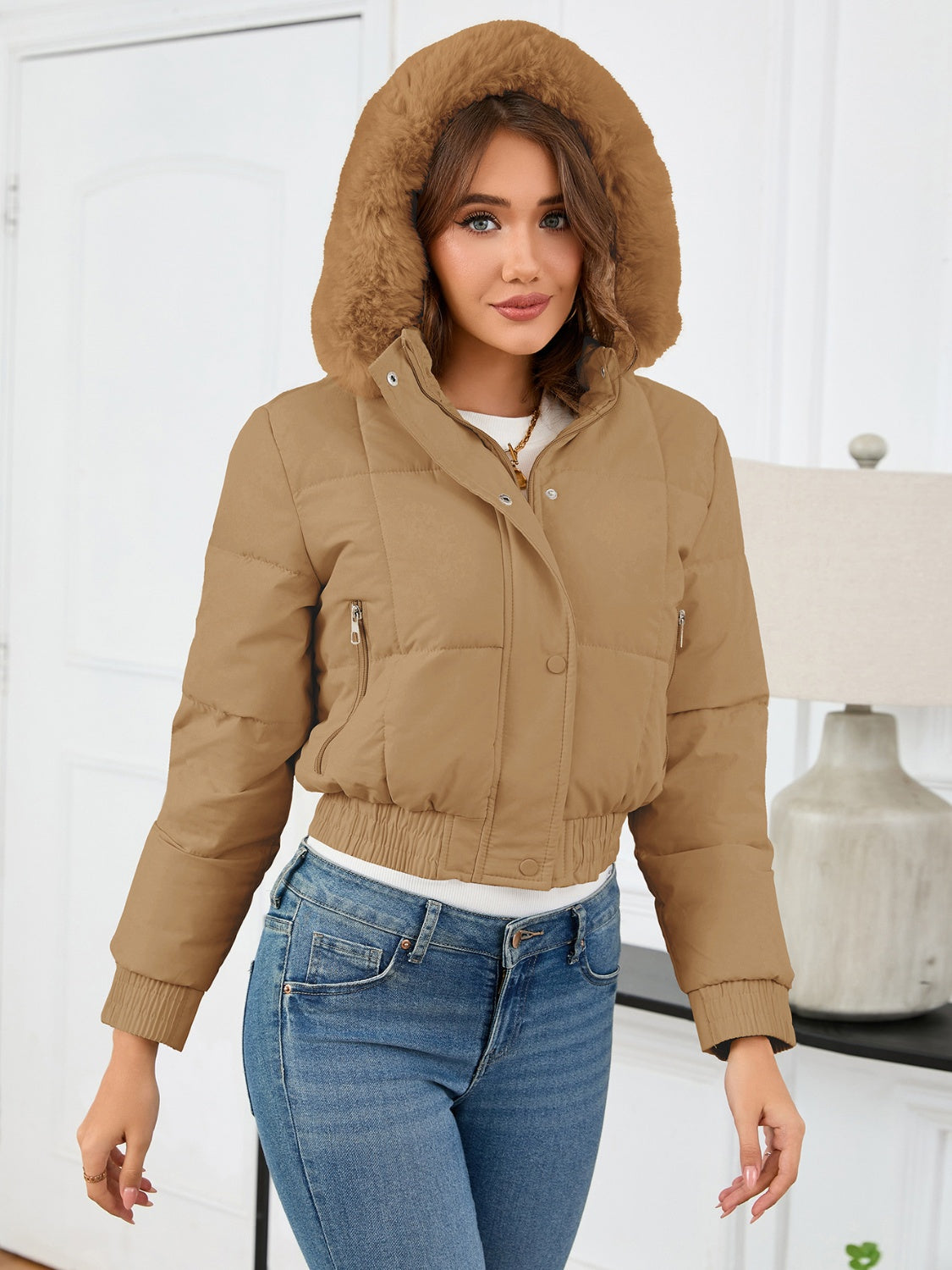 Pocketed Long Sleeve Cropped Hooded Winter Coat - Charming Charlie
