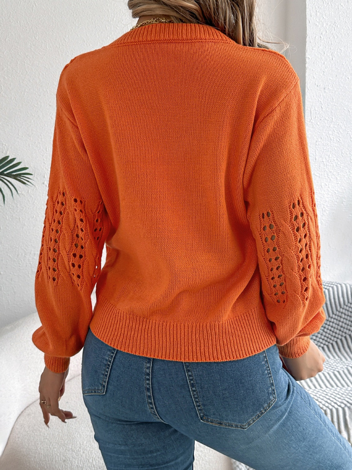 Openwork Round Neck Long Sleeve Sweater - Charming Charlie