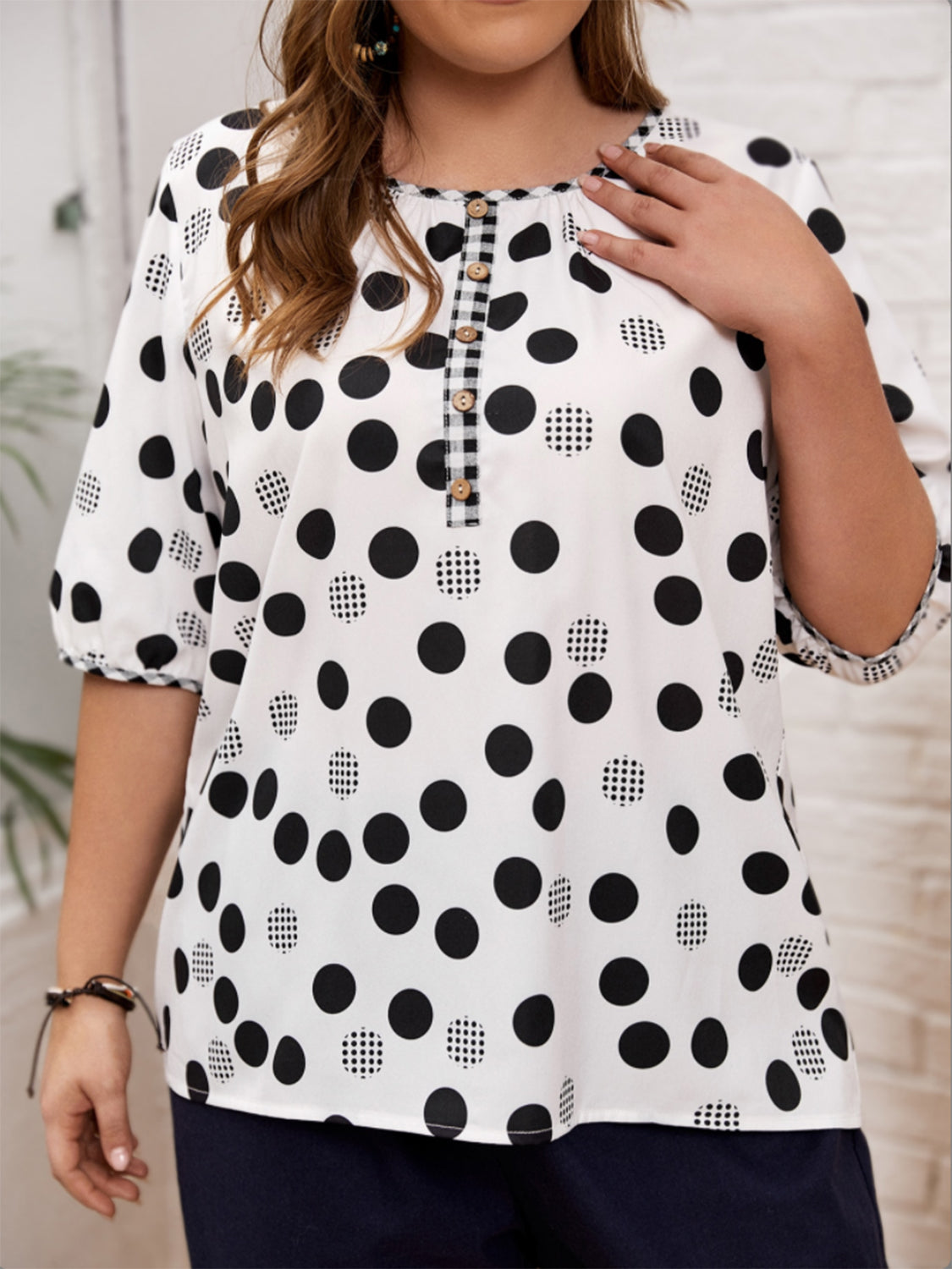 Plus Size Polka Dot Round Neck Half Sleeve Blouse - Charming Charlie