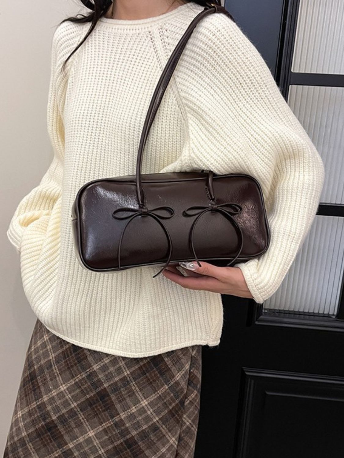 PU Leather Bow Trim Shoulder Bag - Charming Charlie