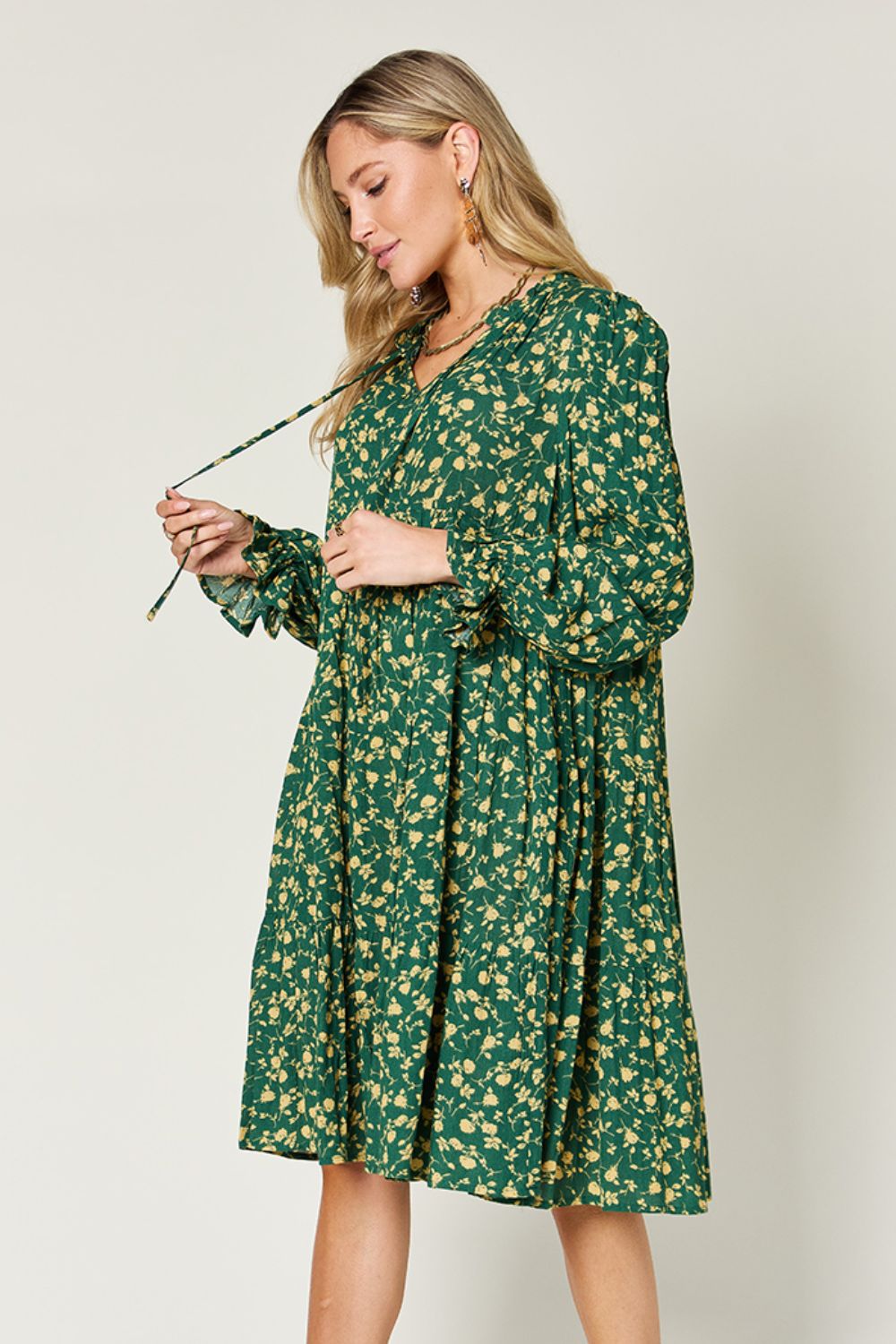 Double Take Full Size Printed Ruffle Hem Long Sleeve Tiered Dress - Charming Charlie