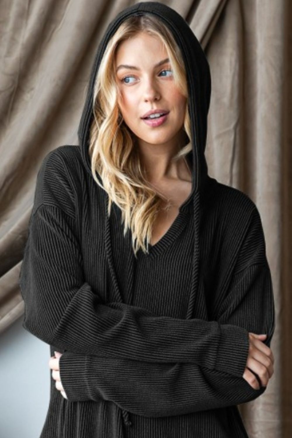 Heimish Ribbed Long Sleeve Hooded Dress - Charming Charlie