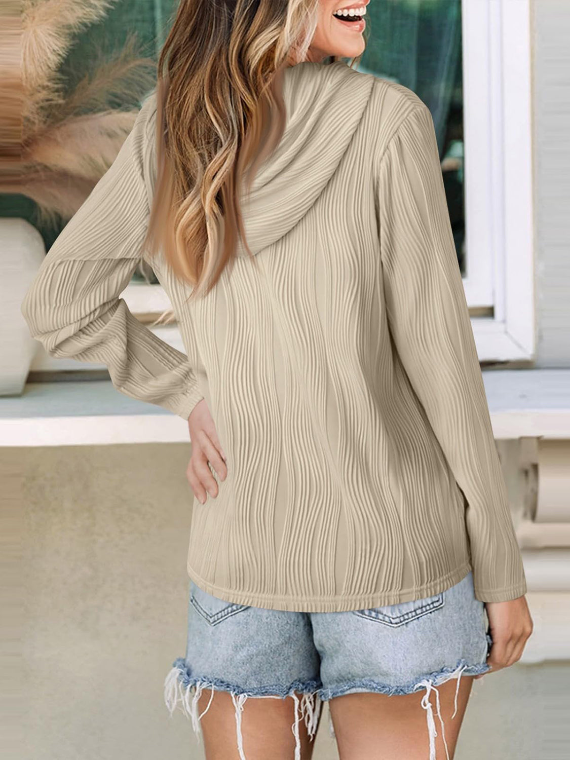 Textured Long Sleeve Hoodie - Charming Charlie