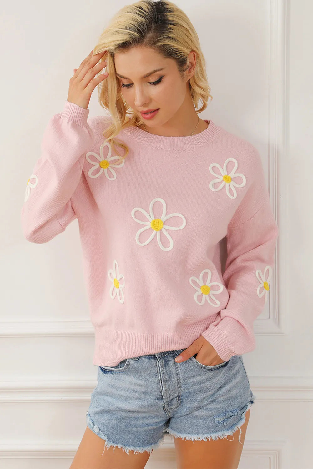Flower Round Neck Dropped Shoulder Sweater - Charming Charlie