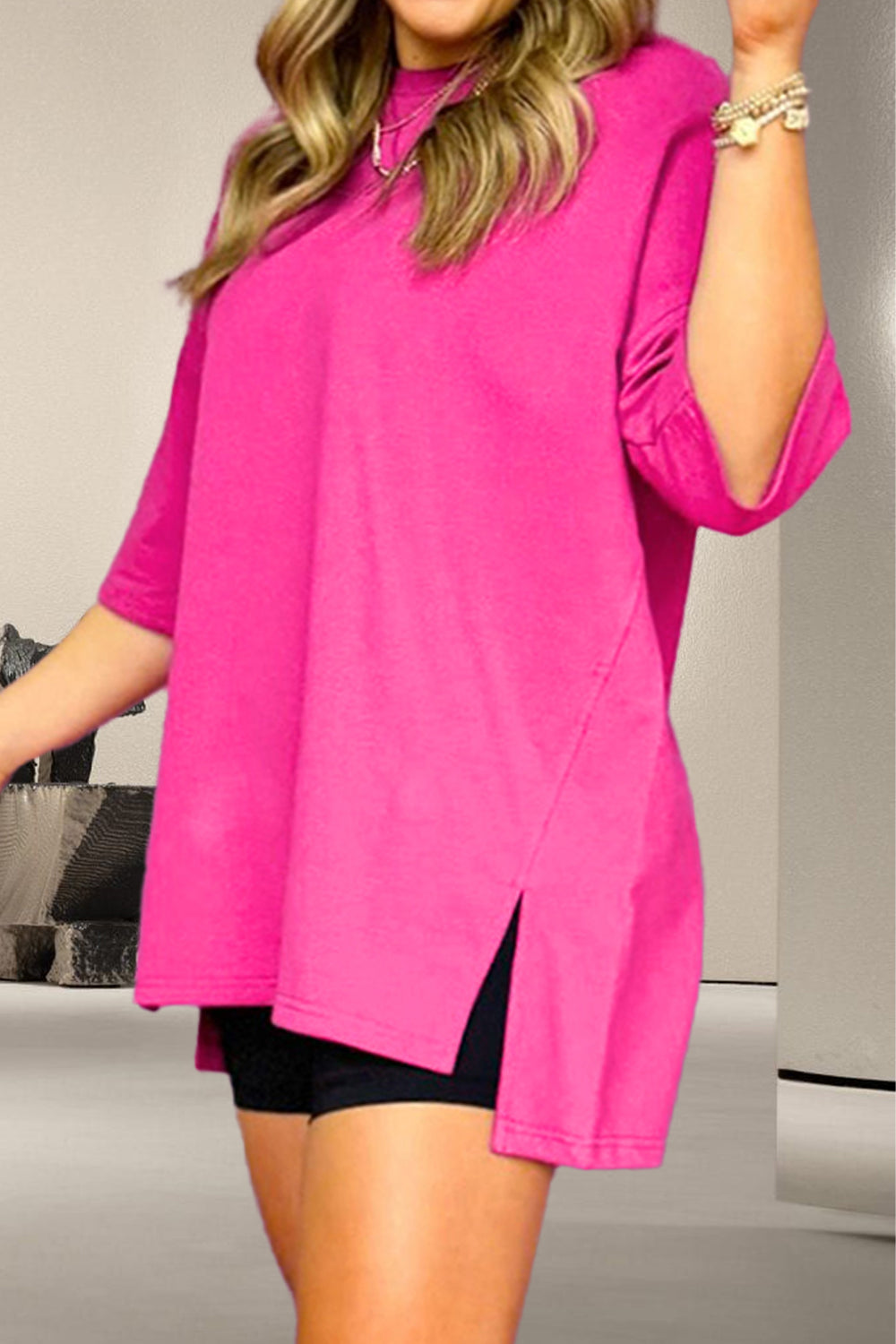 Slit Round Neck Half Sleeve T-Shirt - Charming Charlie
