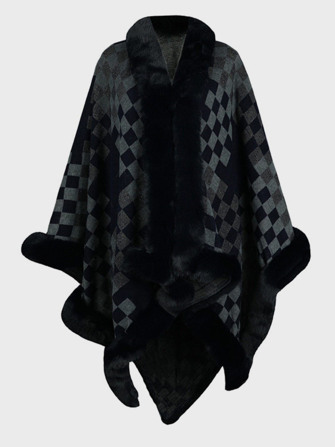 Fuzzy Checkered Long Sleeve Poncho - Charming Charlie