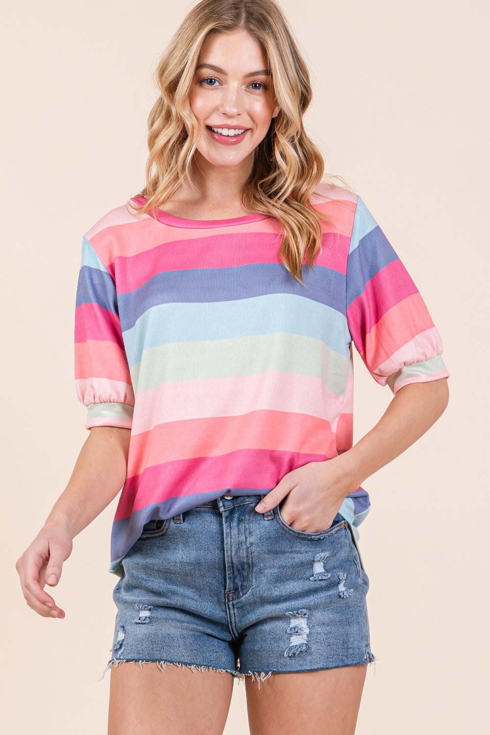 BOMBOM Striped Round Neck Half Sleeve T-Shirt - Charming Charlie