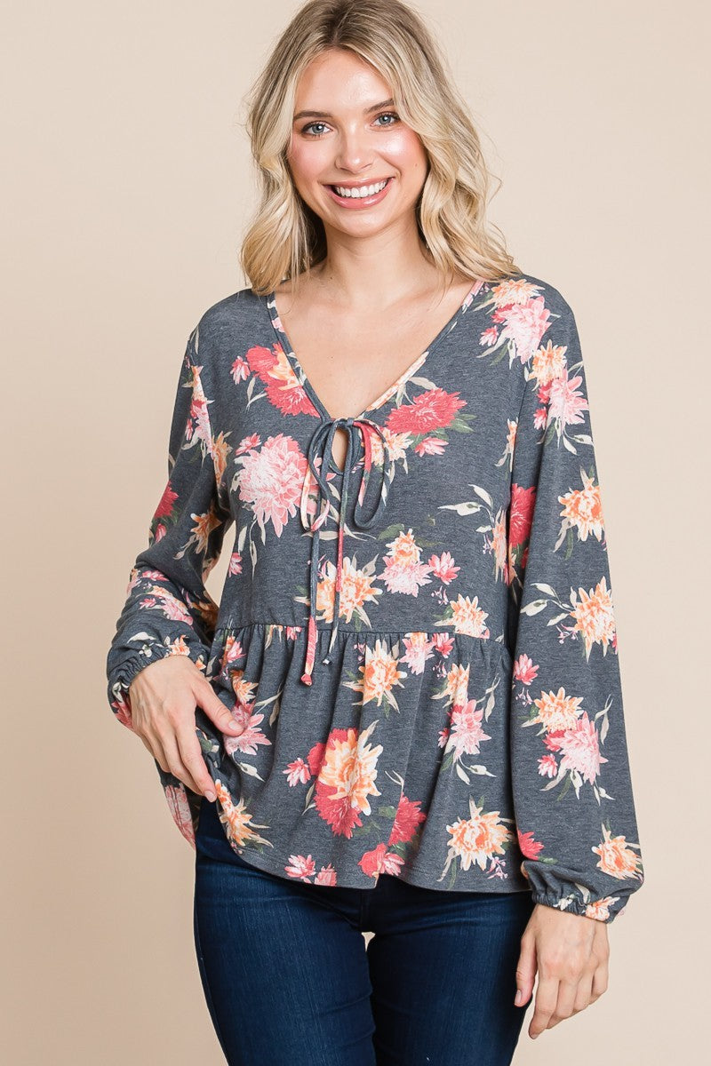 Super Lady Full Size Babydoll Floral Long Sleeve Blouse - Charming Charlie