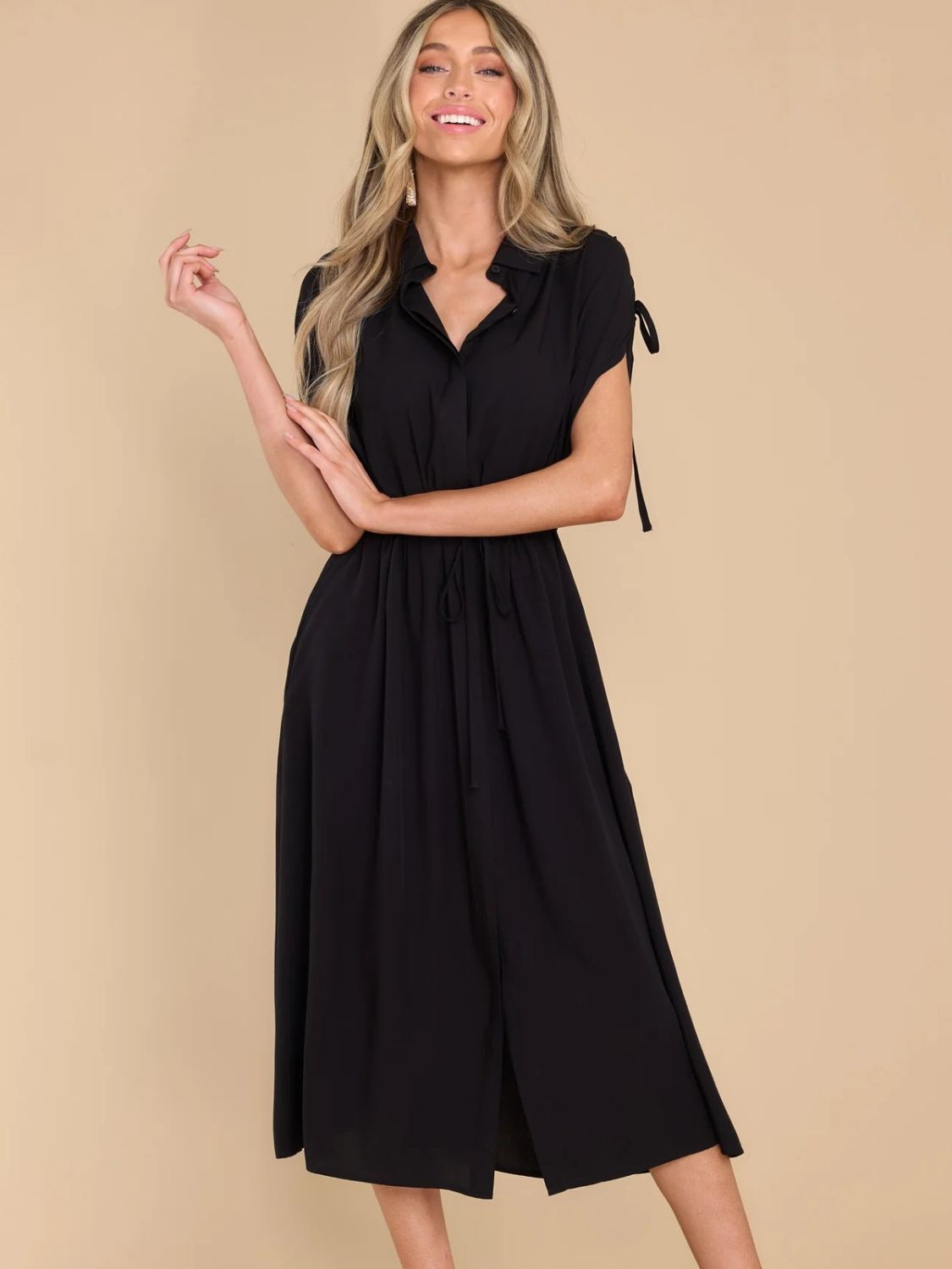 Drawstring Collared Neck Short Sleeve Midi Dress - Charming Charlie
