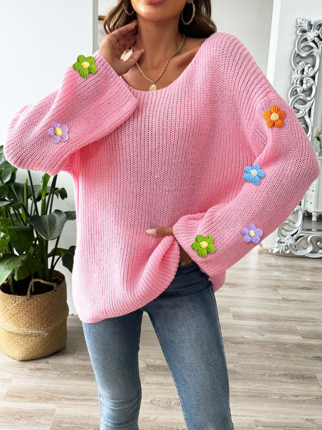 Flower Round Neck Long Sleeve Sweater - Charming Charlie