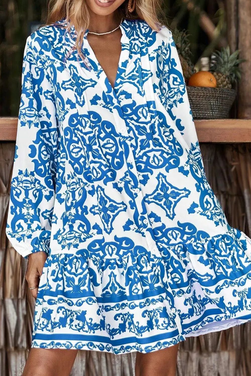 Ruffled Printed Notched Long Sleeve Dress - Charming Charlie