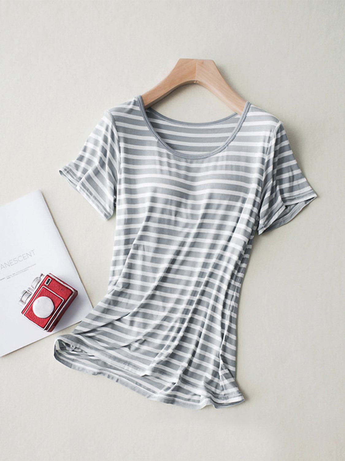 Striped Round Neck Short Sleeve T-Shirt with Bra - Charming Charlie