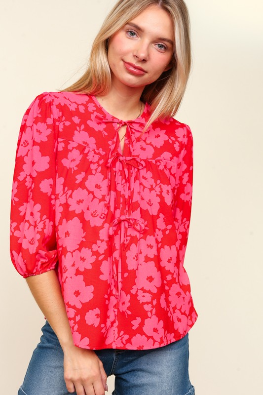 Haptics Full Size Ribbon Bow Floral Balloon Sleeve Blouse - Charming Charlie