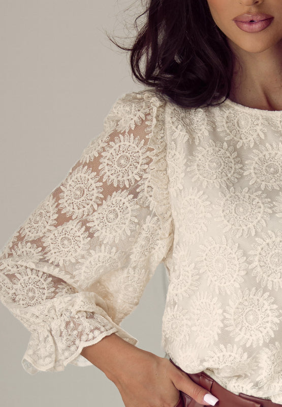 Flower Jacquard Flounce Sleeve Blouse - Charming Charlie