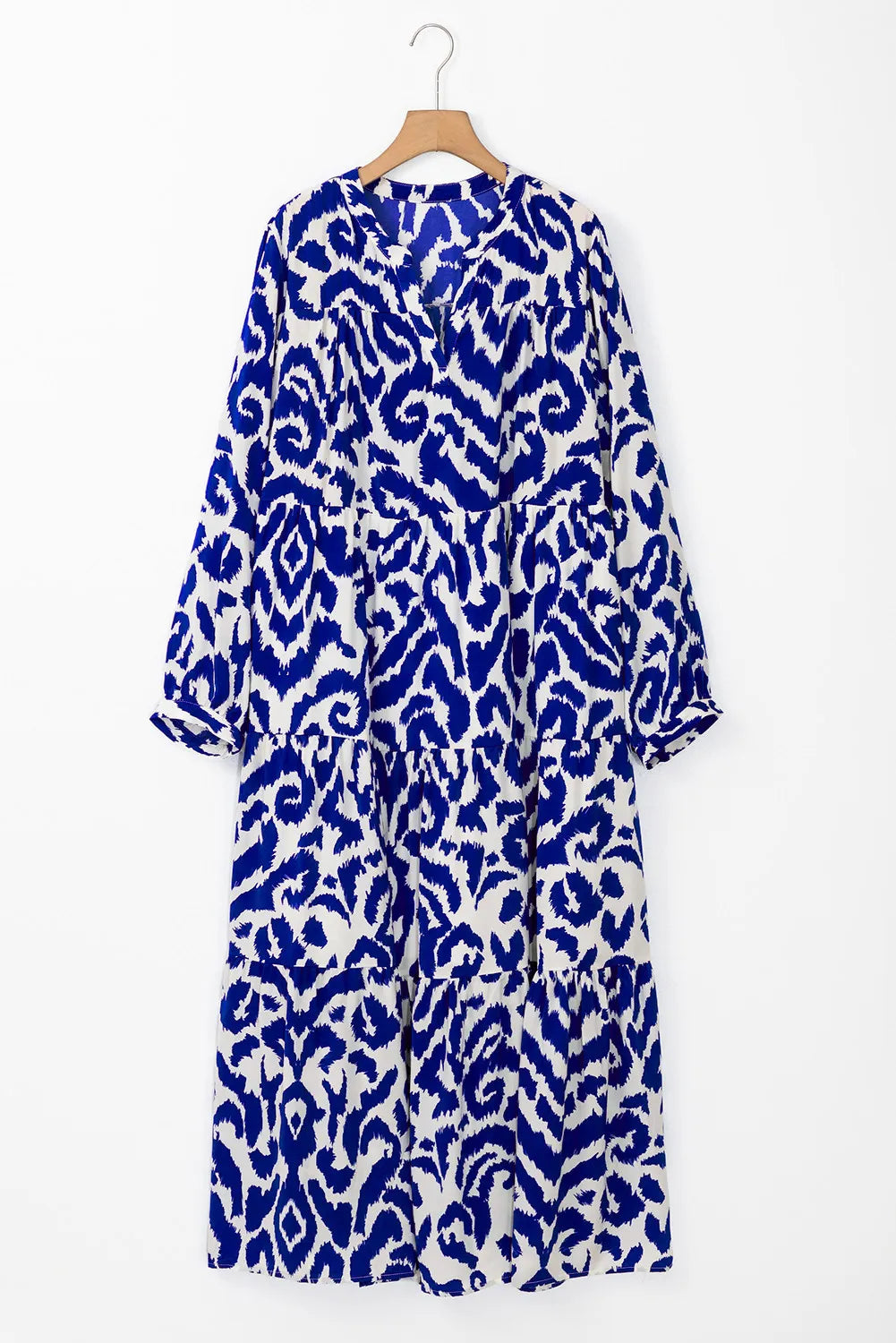 Tiered Printed Notched Long Sleeve Midi Dress - Charming Charlie
