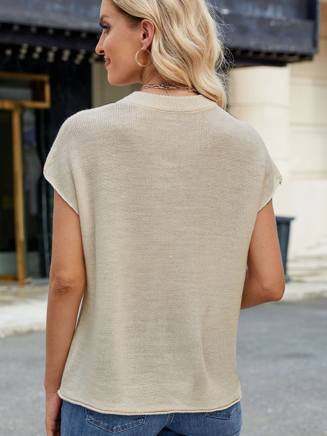 Exposed Seam Round Neck Short Sleeve Sweater - Charming Charlie