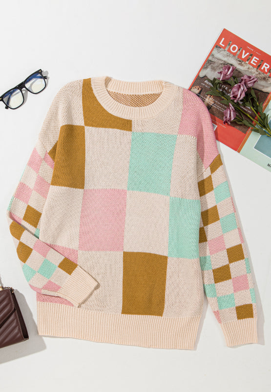 Checkered Round Neck Drop Shoulder Sweater - Charming Charlie