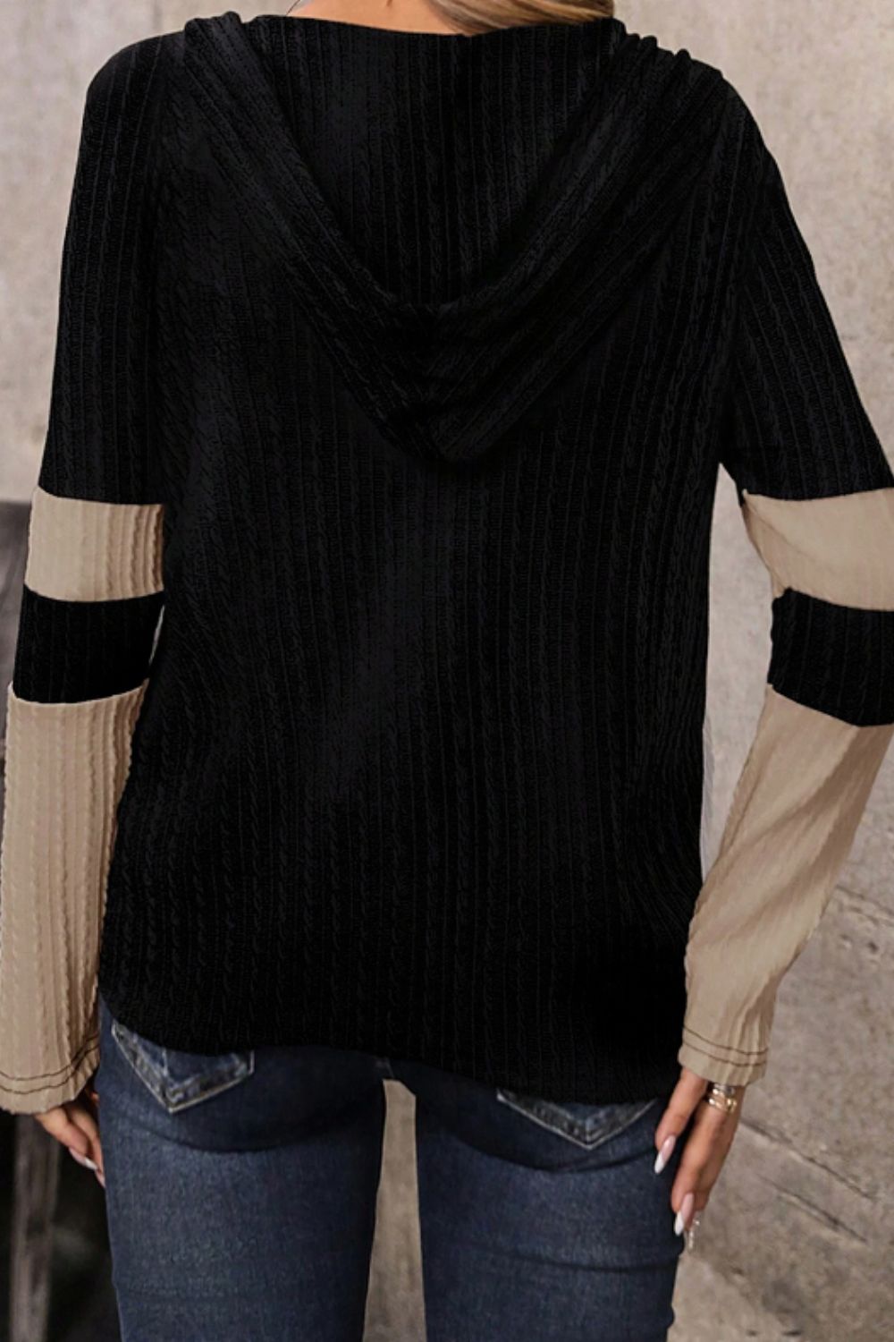 Drawstring Quarter Zip Contrast Long Sleeve Hoodie - Charming Charlie