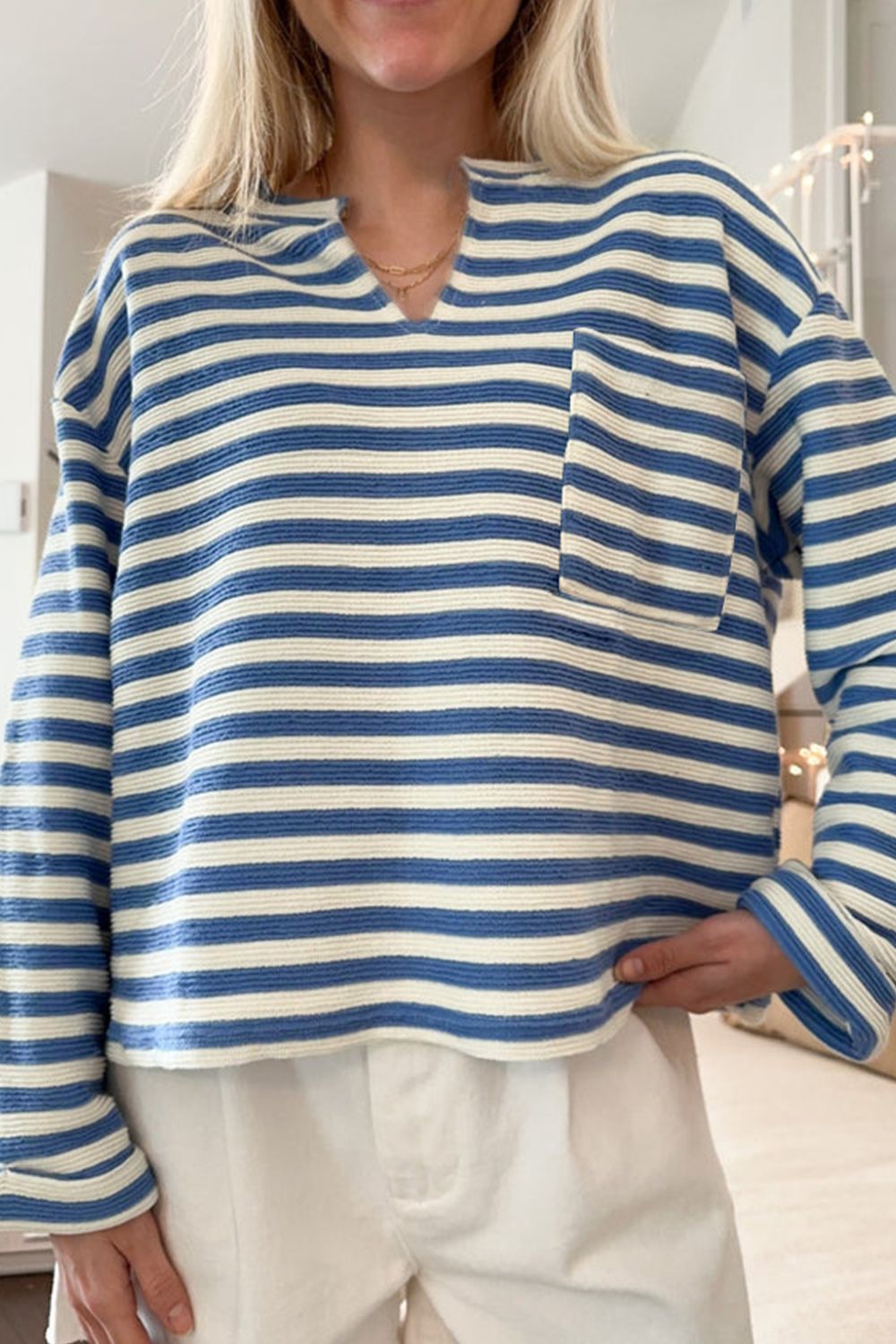 Stripe Chest Pocket Notched Top - Charming Charlie