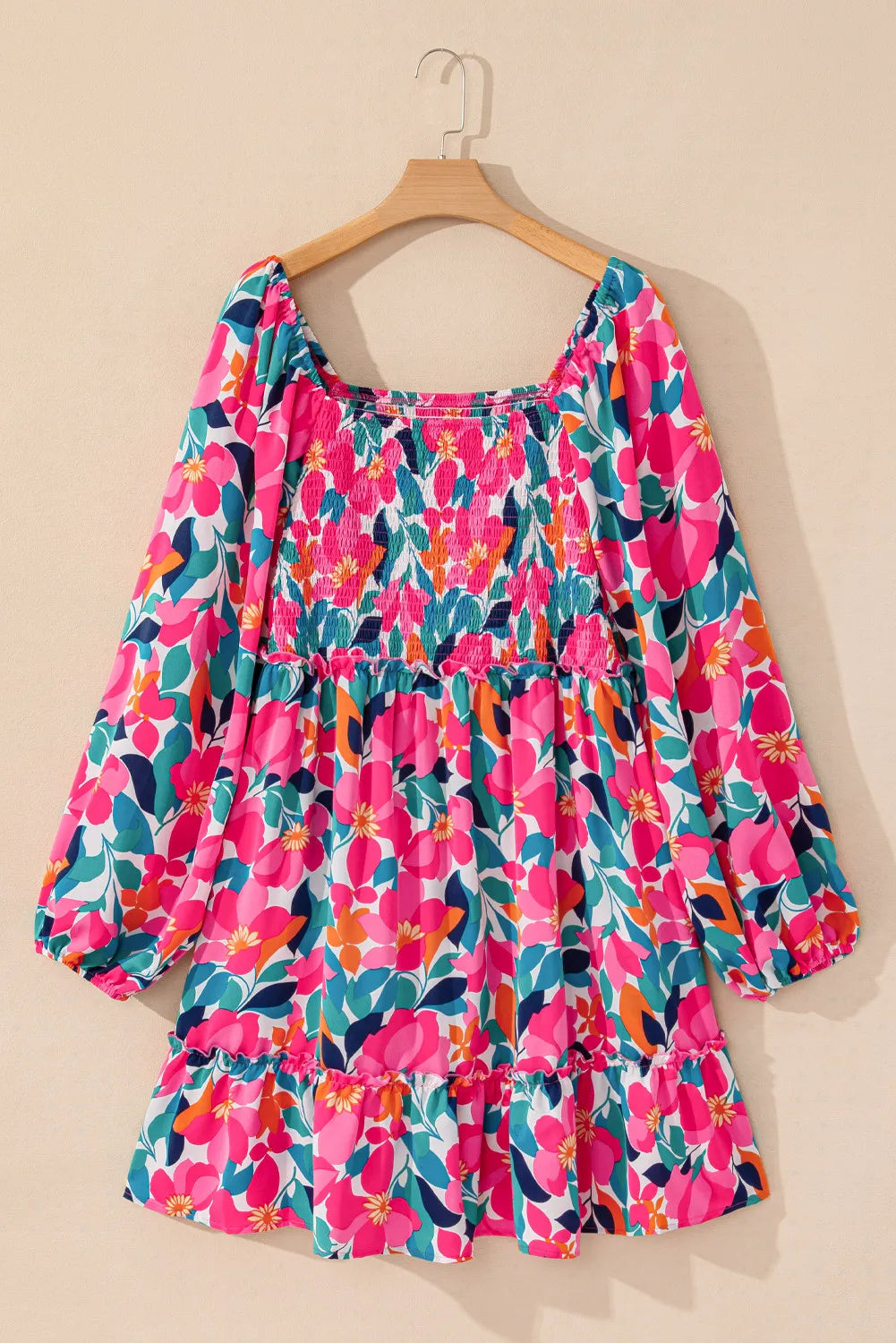 Plus Size Smocked Floral Square Neck Balloon Sleeve Dress - Charming Charlie