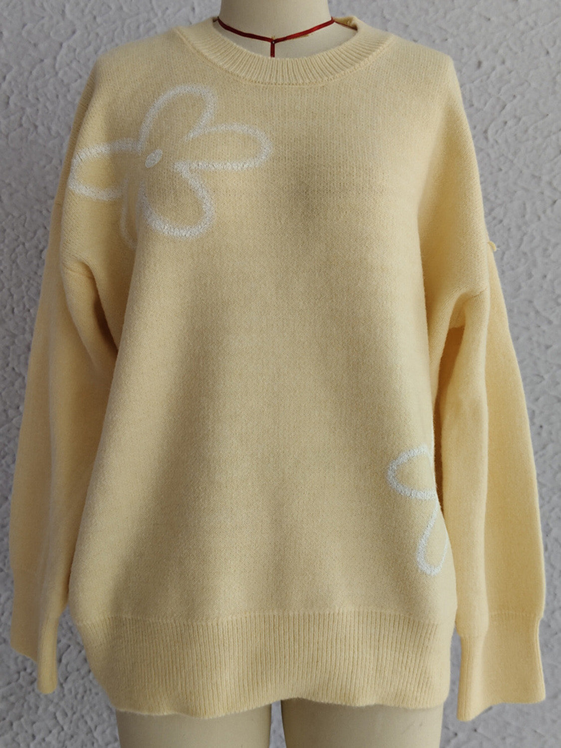 Flower Round Neck Long Sleeve Sweater - Charming Charlie