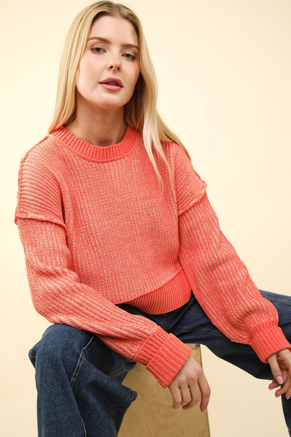 VERY J Exposed Seam Cropped Striped Slit Sweater - Charming Charlie