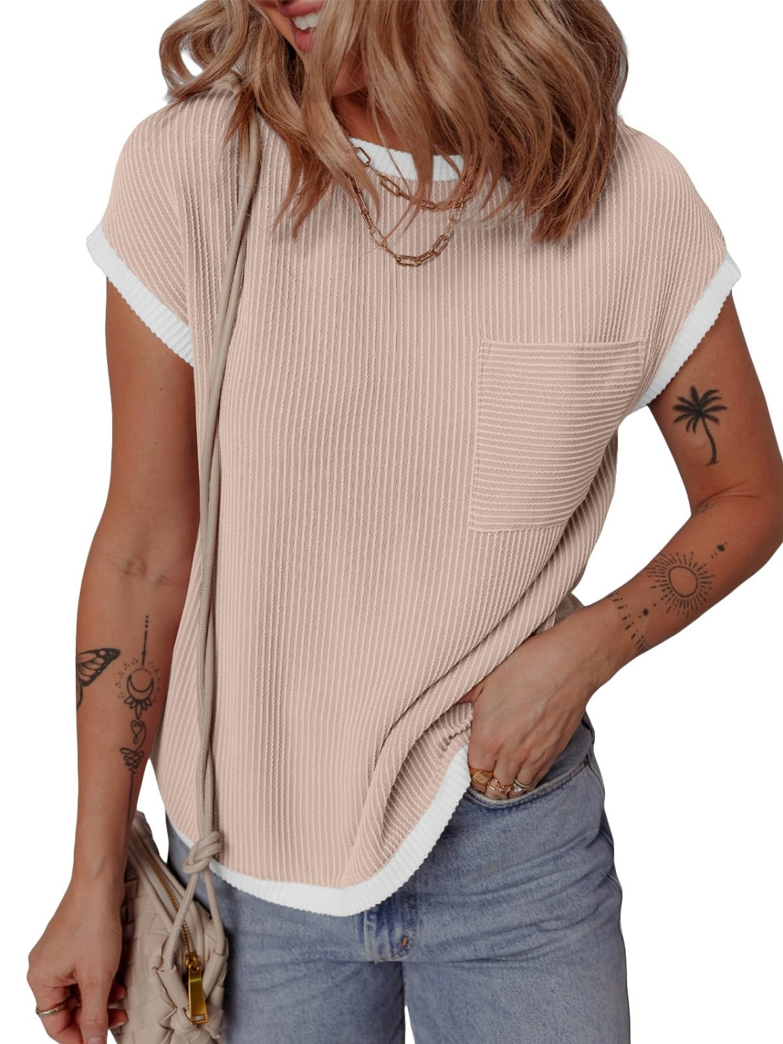 Contrast Trim Round Neck Short Sleeve T-Shirt - Charming Charlie