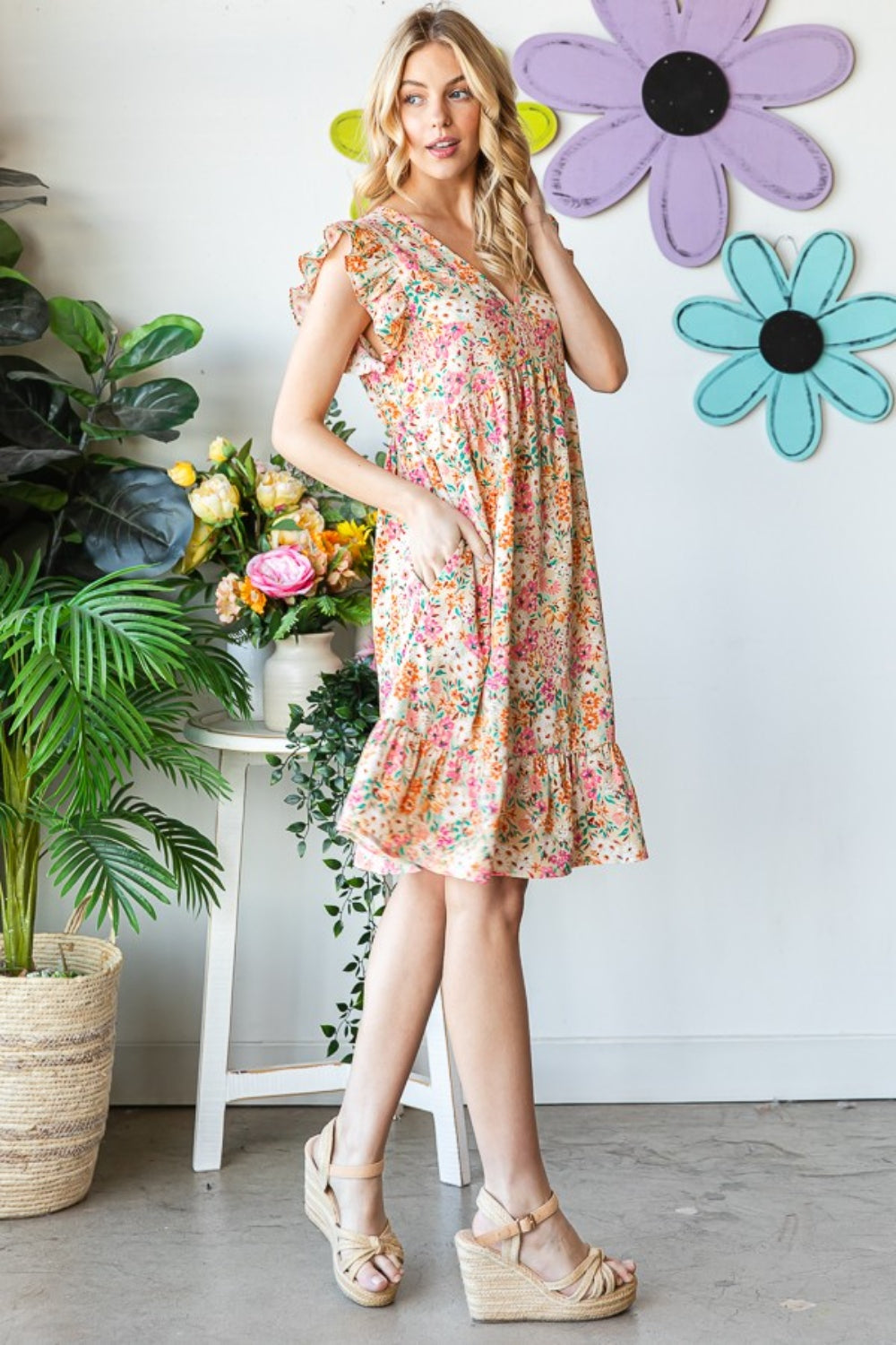 Heimish Full Size Floral Ruffled V-Neck Dress - Charming Charlie