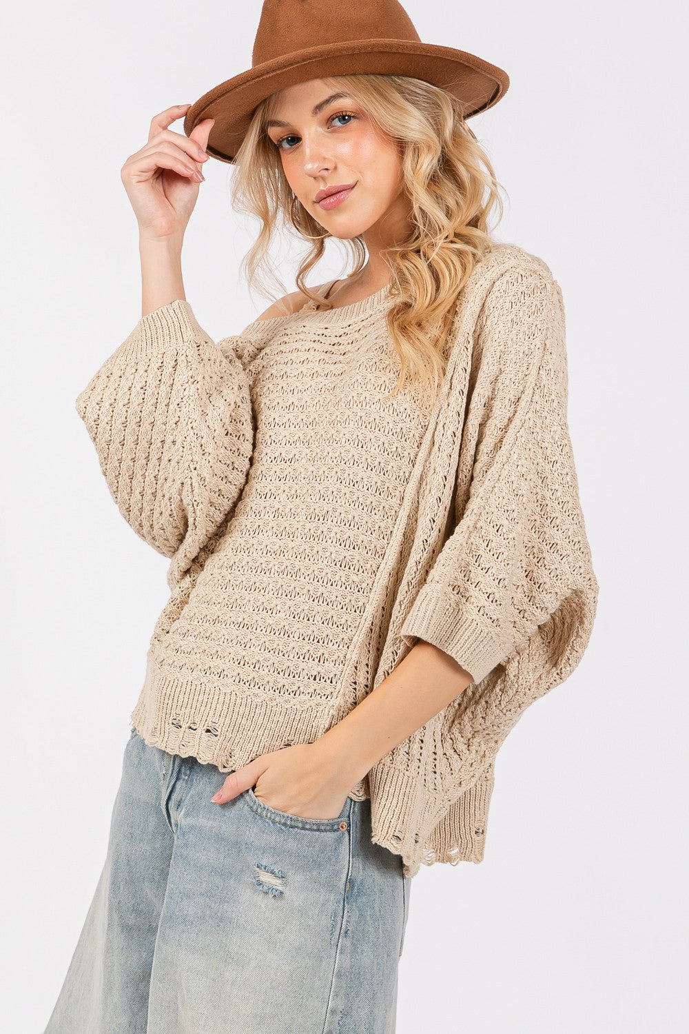 SAGE + FIG Distressed Asymmetrical Open Stitch Sweater - Charming Charlie