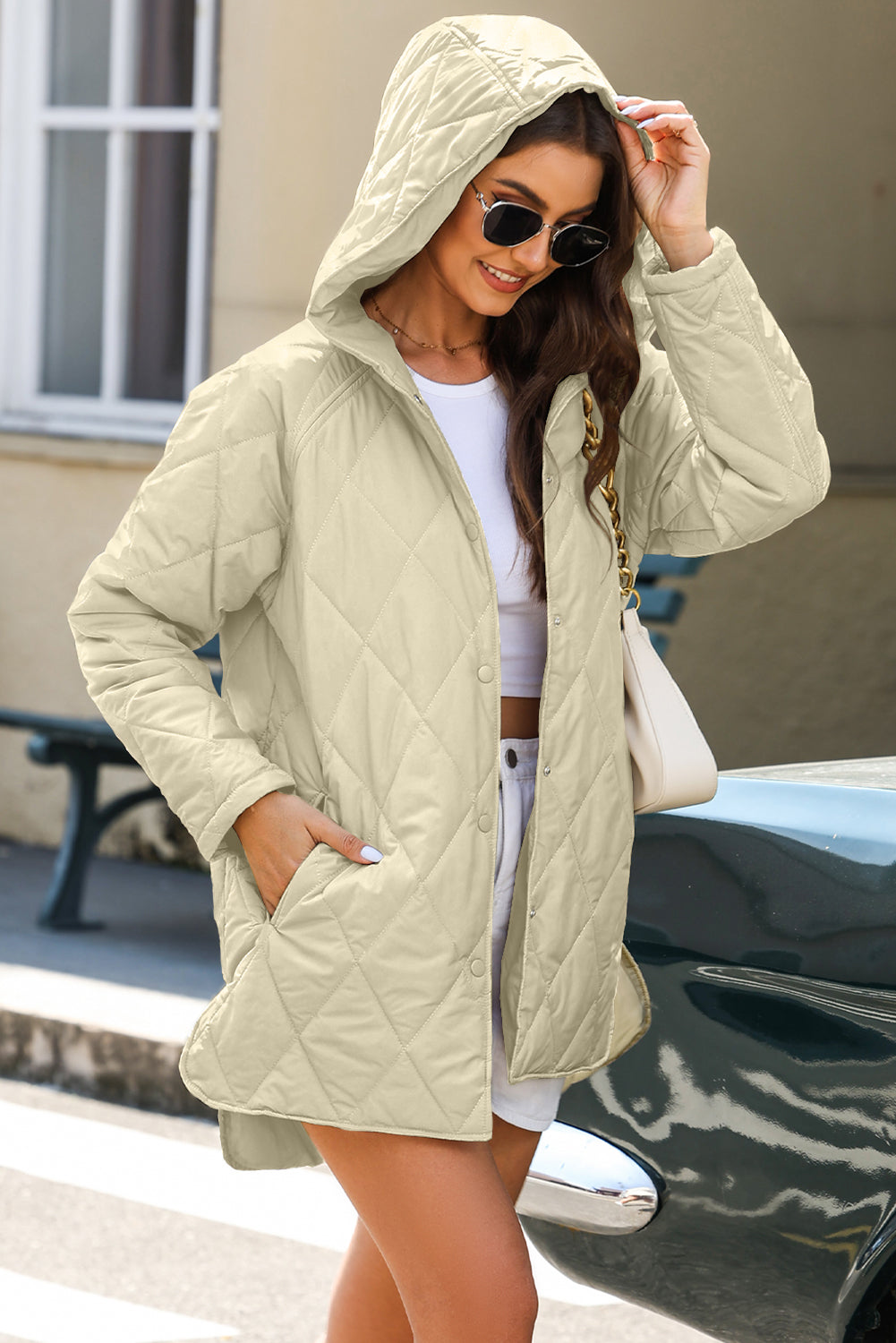 Snap Down Long Sleeve Quilted Winter Coat - Charming Charlie